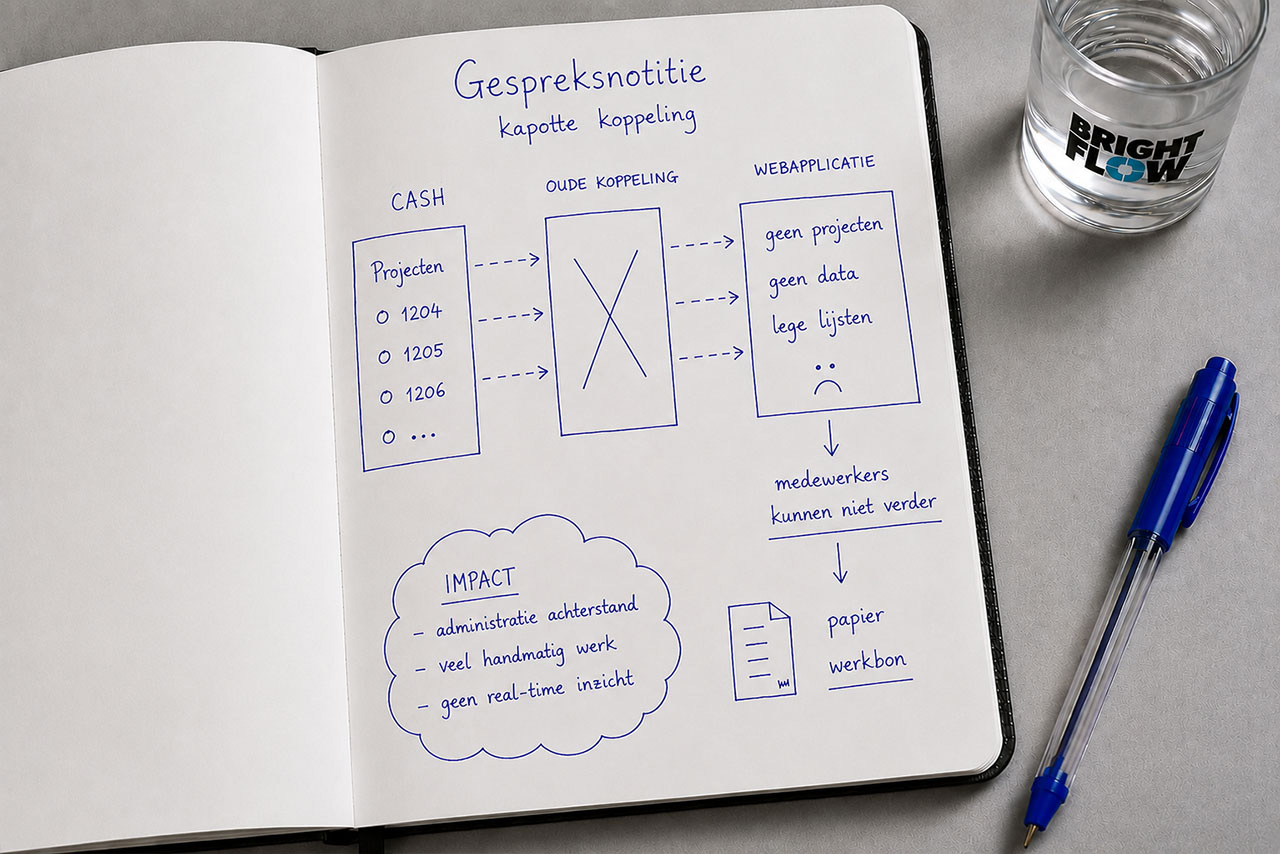 Handgeschetst schema: de projecten uit het boekhoudpakket bereiken de webapplicatie niet meer omdat de oude koppeling is uitgevallen. Gevolg: geen projecten, geen data, lege lijsten en werkbonnen terug op papier.